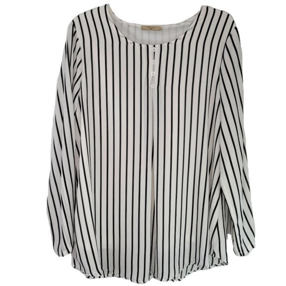 Cestyle Womens 2XL White Black Striped Long‎ Sleeve Flowing Tunic Top Blouse